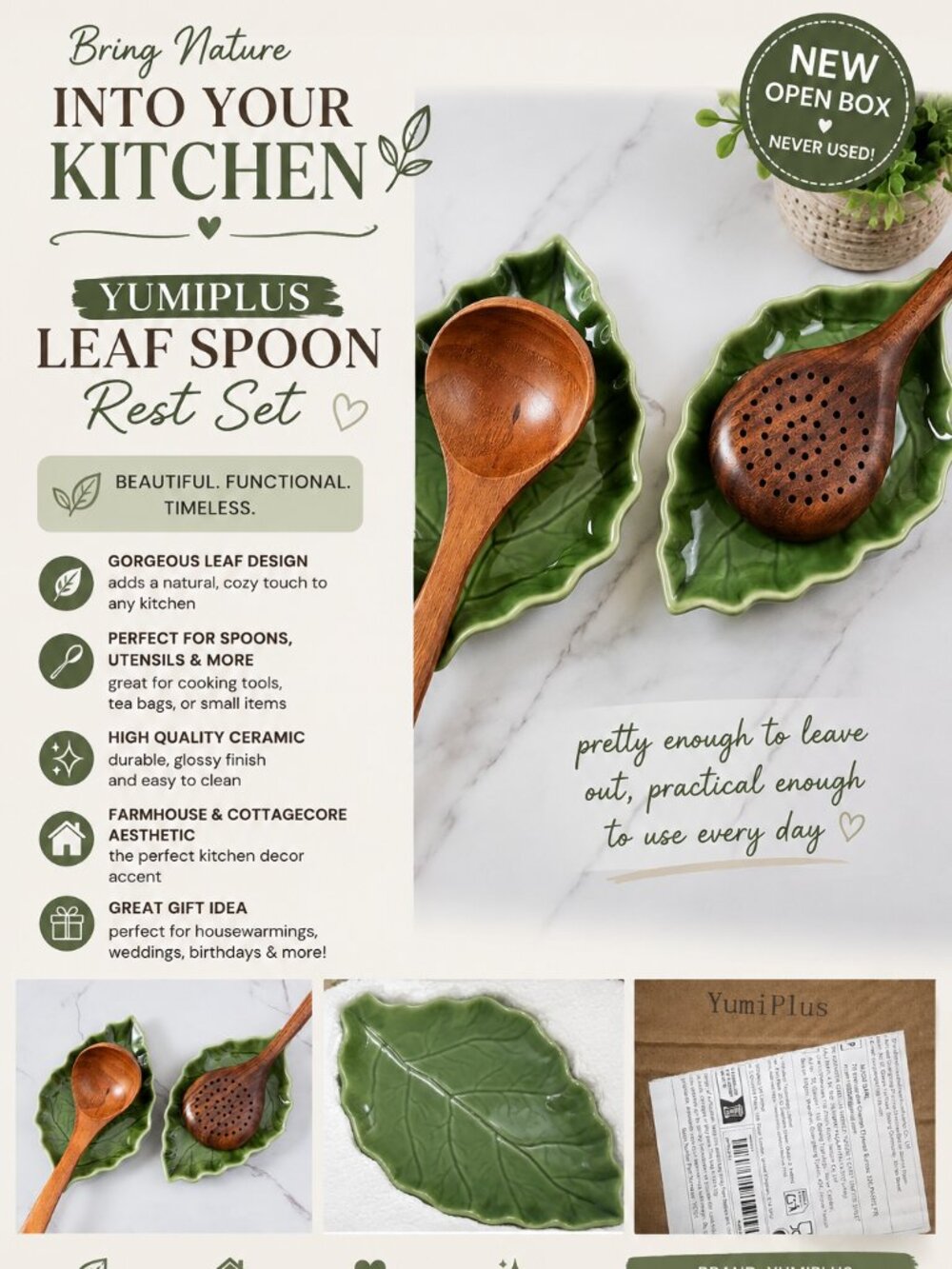 YumiPlus Leaf Spoon Rest Set Ceramic Green Kitchen Decor Farmhouse Cooking Utens